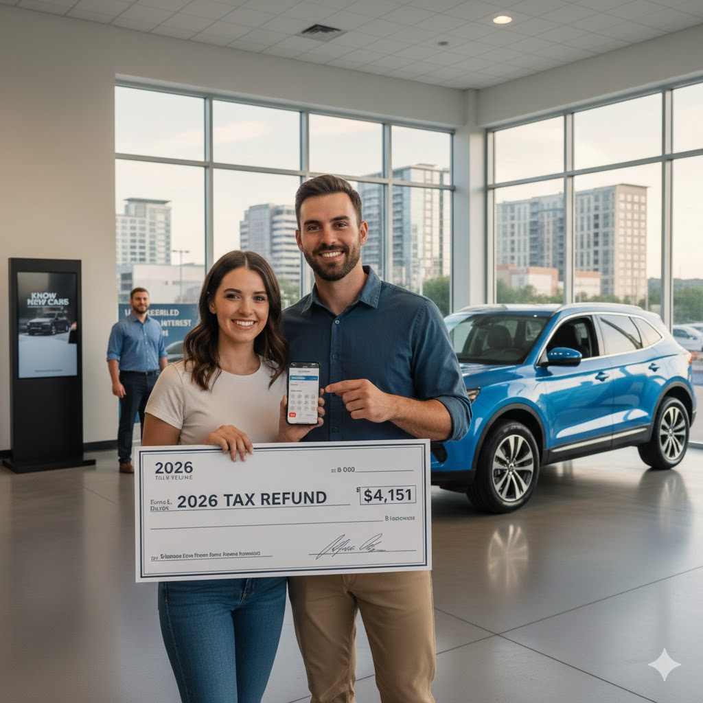 A happy couple in a car dealership holding a large check representing their 2026 tax refund car down payment with a new blue SUV in the background.
