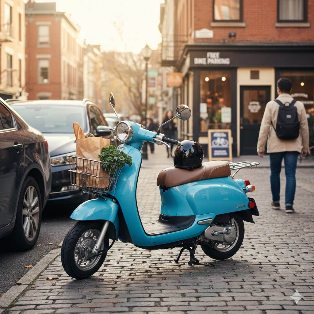 A moped for an urban commuter. Photorealistic bright blue 50cc moped with a brown seat parked on a cobblestone city street. A front wire basket is filled with fresh groceries and a baguette, and a black helmet rests on the seat. In the background, out-of-focus city buildings, parked cars, and a pedestrian with a backpack emphasize an urban lifestyle.
