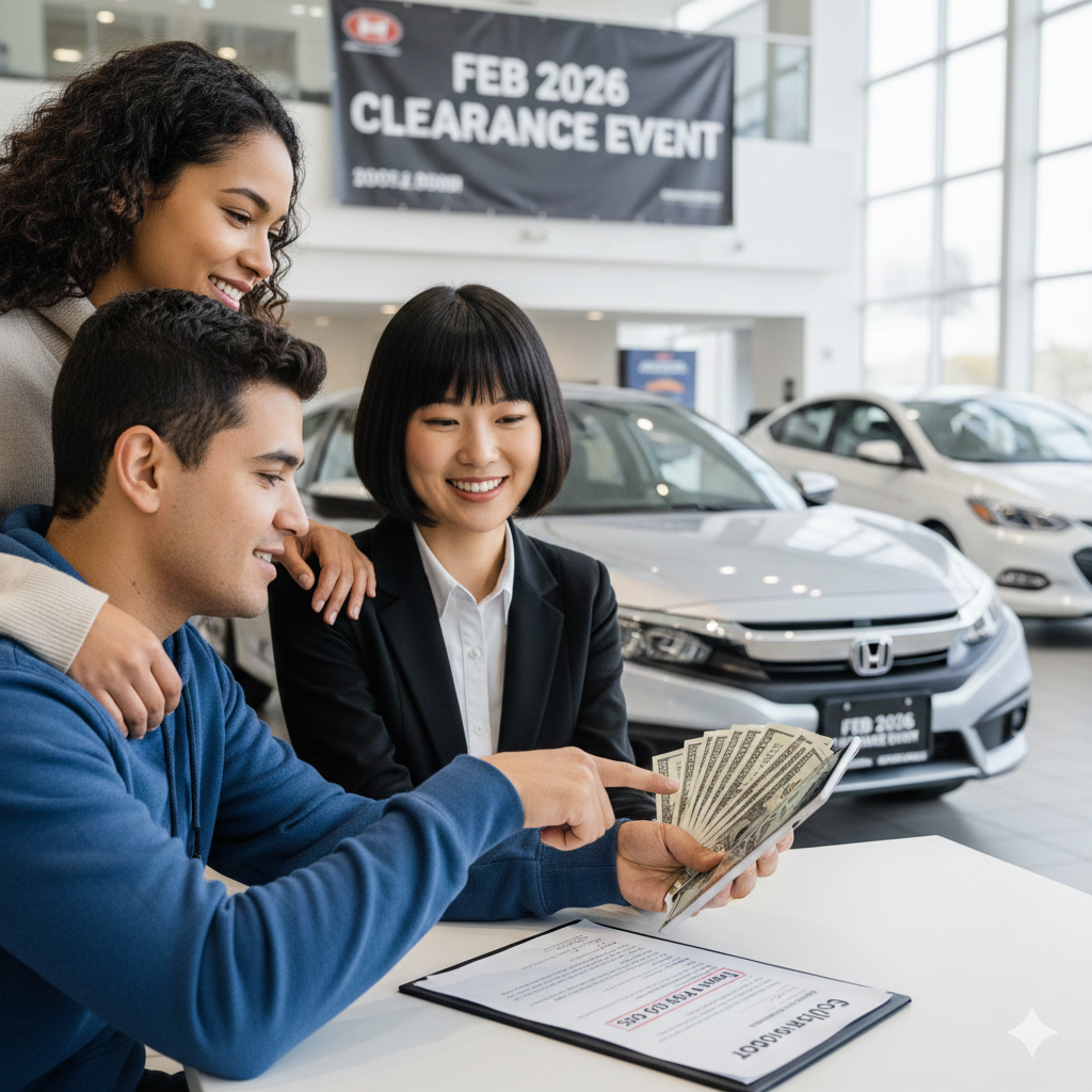 A young couple at a car dealership desk smiling while reviewing a contract with a professional sales representative. The man is holding a fan of hundred-dollar bills representing a $1000 down payment for a silver sedan in the background. A banner overhead reads "Feb 2026 Clearance Event.