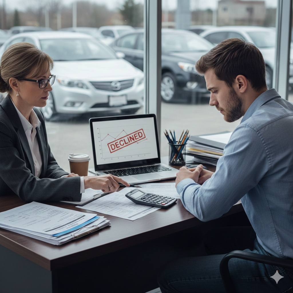 A discouraged man sitting at a car dealership desk across from a finance manager who is pointing to a laptop screen showing he is denied for a car loan application.